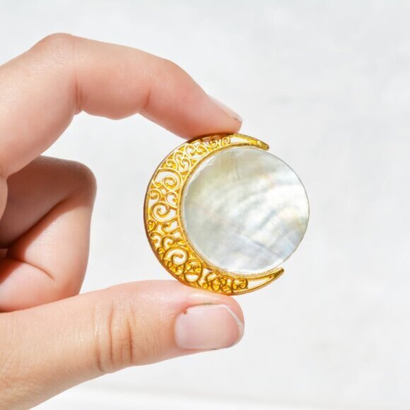 Handmade Crescent Moon Pin Brooch Gold and Pearl Celestial Jewelry - Picture 2 of 4